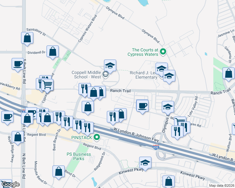 map of restaurants, bars, coffee shops, grocery stores, and more near 2551 Turnberry Court in Irving