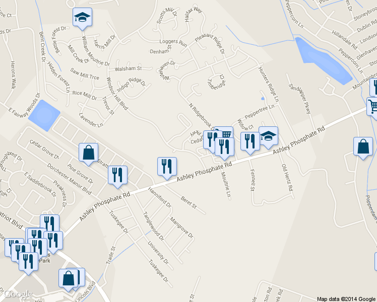 map of restaurants, bars, coffee shops, grocery stores, and more near 4042 Cedars Parkway in North Charleston