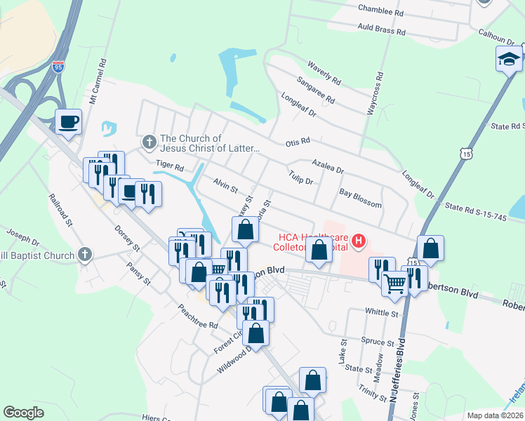 map of restaurants, bars, coffee shops, grocery stores, and more near Gloria Street in Walterboro