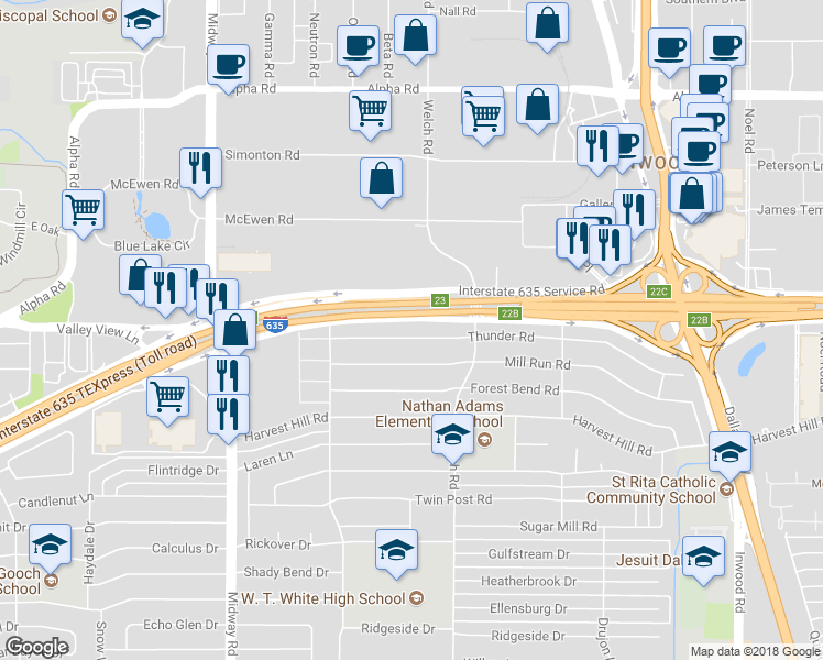 map of restaurants, bars, coffee shops, grocery stores, and more near 4515 Thunder Road in Dallas