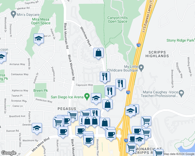 map of restaurants, bars, coffee shops, grocery stores, and more near 9624 Capricorn Way in San Diego