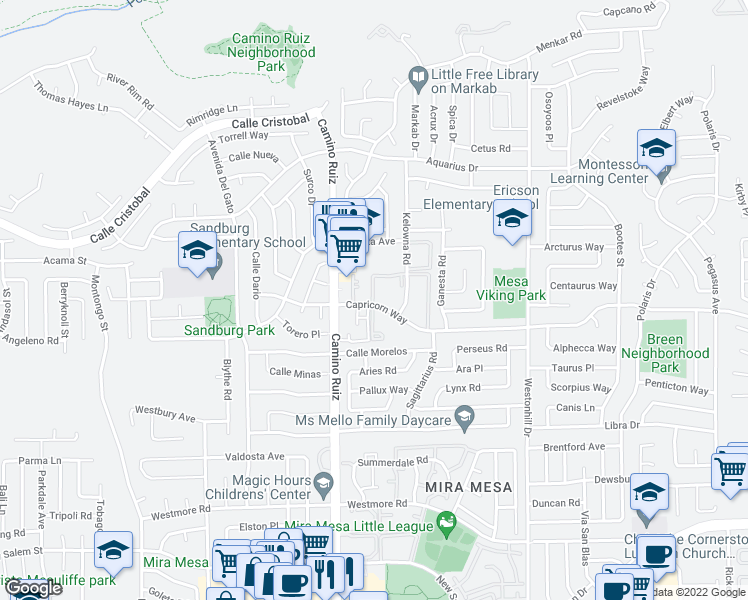 map of restaurants, bars, coffee shops, grocery stores, and more near 8392 Capricorn Way in San Diego