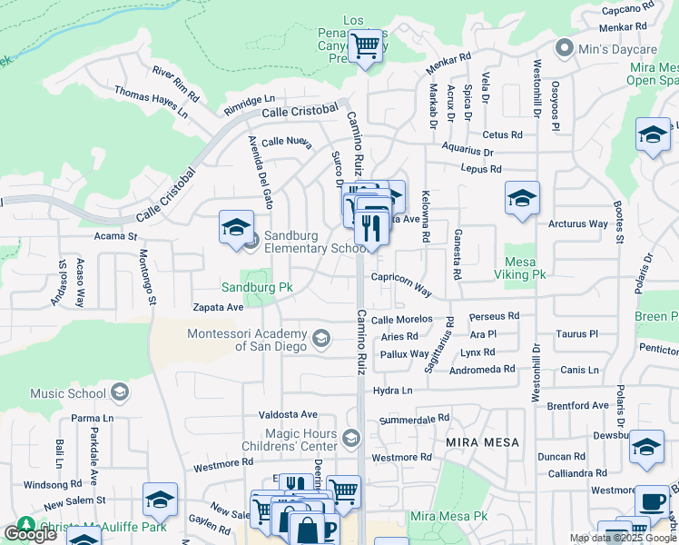 map of restaurants, bars, coffee shops, grocery stores, and more near 11192 Nalco Street in San Diego