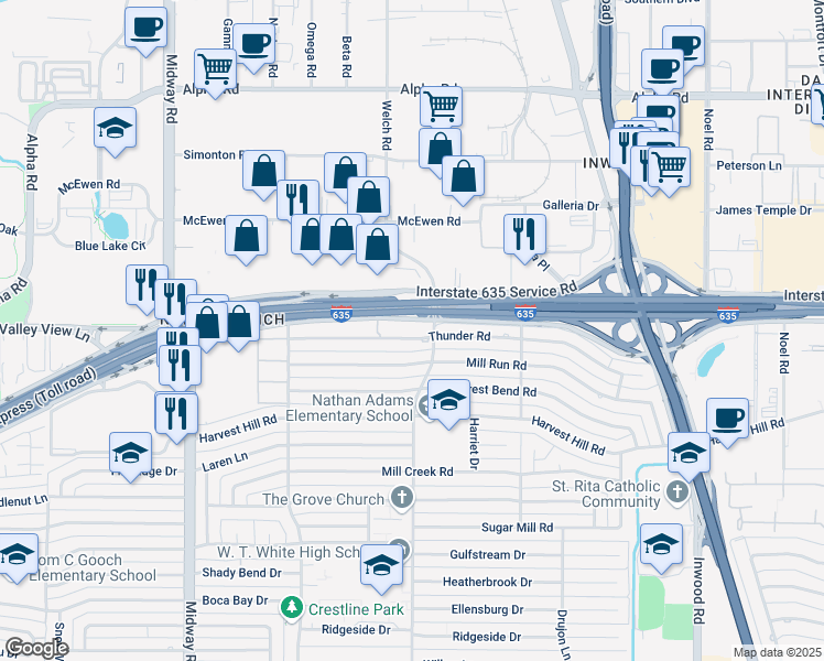map of restaurants, bars, coffee shops, grocery stores, and more near 4565 Thunder Road in Dallas