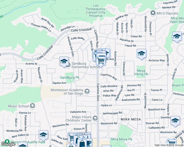 map of restaurants, bars, coffee shops, grocery stores, and more near 11192 Nalco Street in San Diego