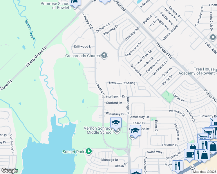 map of restaurants, bars, coffee shops, grocery stores, and more near 7218 Saturn Drive in Rowlett