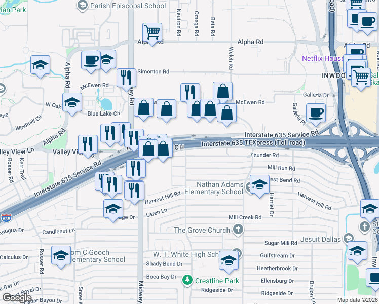 map of restaurants, bars, coffee shops, grocery stores, and more near 4407 Thunder Road in Dallas