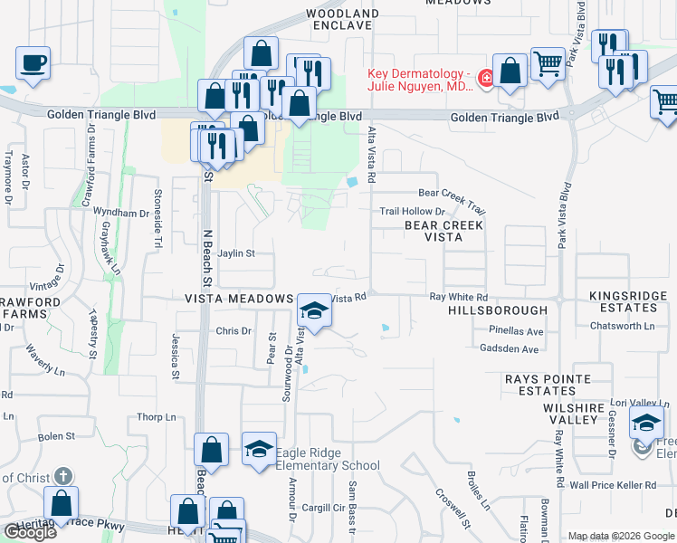 map of restaurants, bars, coffee shops, grocery stores, and more near 10315 Alta Vista Road in Fort Worth