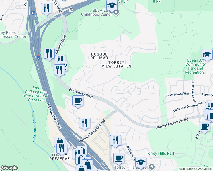map of restaurants, bars, coffee shops, grocery stores, and more near 11365 East San Raphael in San Diego