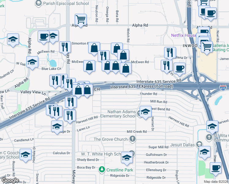 map of restaurants, bars, coffee shops, grocery stores, and more near 4445 Thunder Road in Dallas