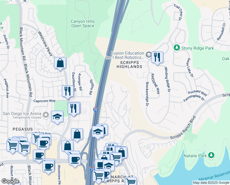 map of restaurants, bars, coffee shops, grocery stores, and more near 9950 Scripps Vista Way in San Diego