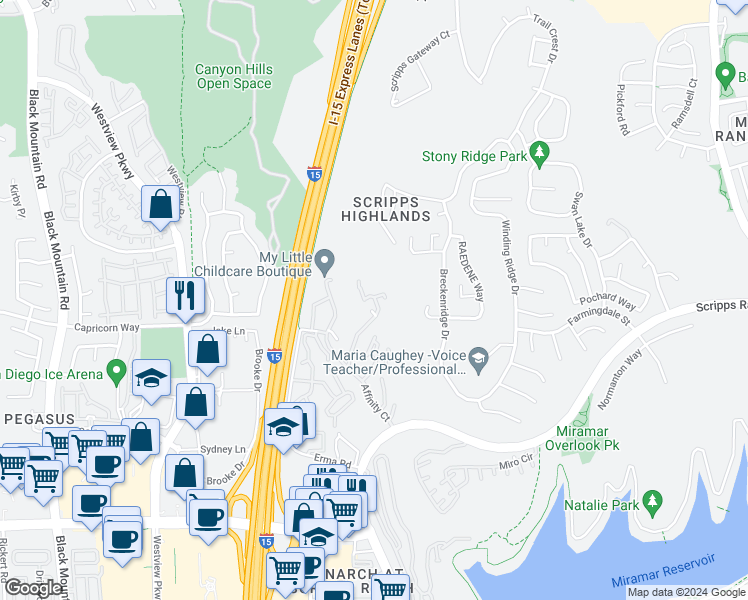 map of restaurants, bars, coffee shops, grocery stores, and more near 11366 Affinity Court in San Diego