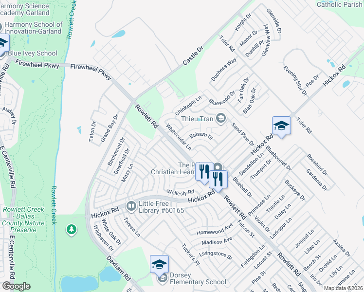 map of restaurants, bars, coffee shops, grocery stores, and more near 7413 Rowlett Road in Rowlett