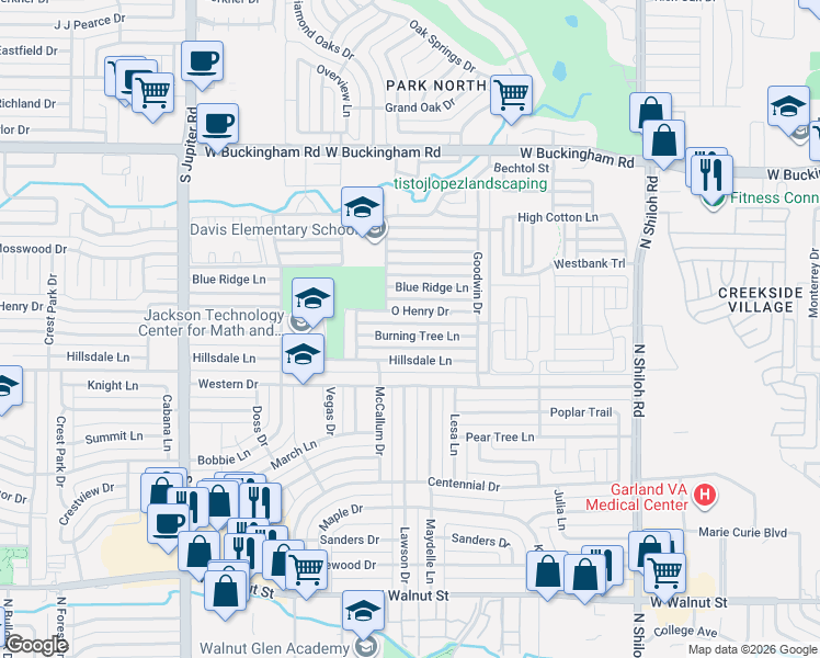 map of restaurants, bars, coffee shops, grocery stores, and more near 3002 Burning Tree Lane in Garland