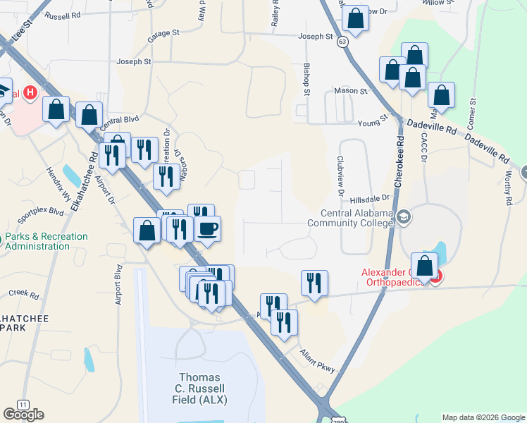 map of restaurants, bars, coffee shops, grocery stores, and more near 460 Auburn Drive in Alexander City