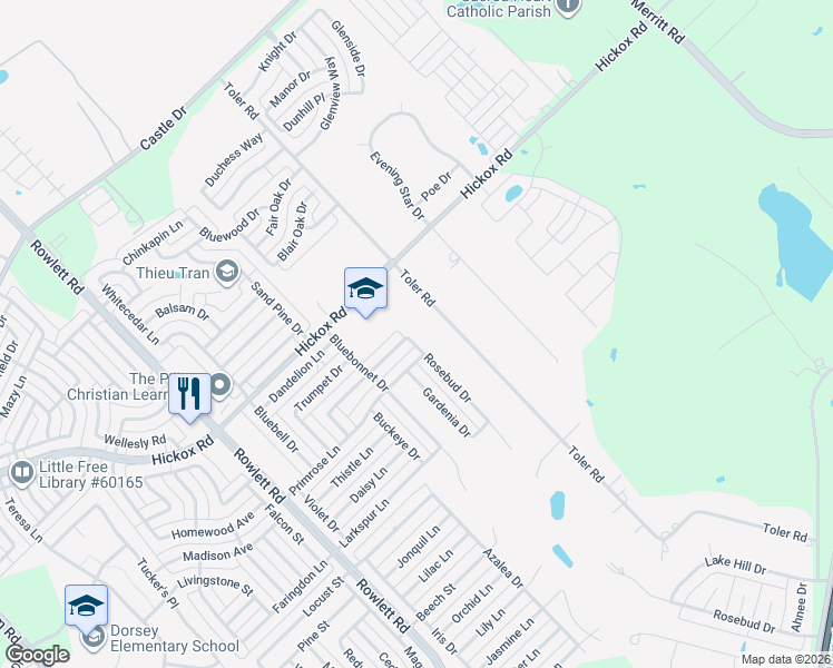 map of restaurants, bars, coffee shops, grocery stores, and more near 6716 Rosebud Drive in Rowlett