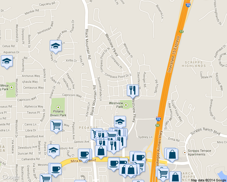 map of restaurants, bars, coffee shops, grocery stores, and more near 9526 Capricorn Way in San Diego