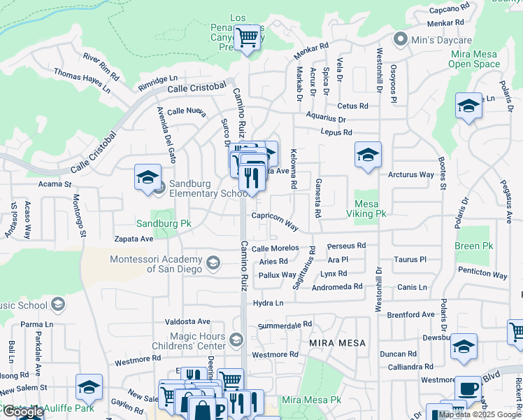 map of restaurants, bars, coffee shops, grocery stores, and more near 8392 Capricorn Way in San Diego