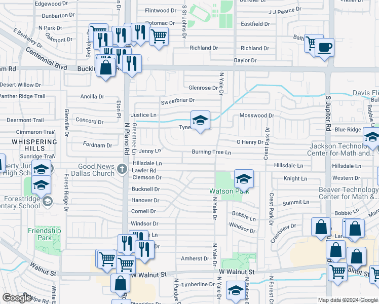 map of restaurants, bars, coffee shops, grocery stores, and more near 4110 Burning Tree Lane in Garland