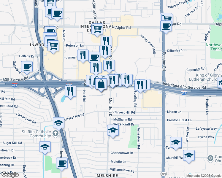 map of restaurants, bars, coffee shops, grocery stores, and more near in Dallas