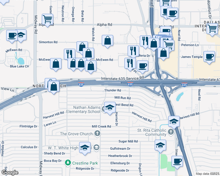 map of restaurants, bars, coffee shops, grocery stores, and more near 4718 Thunder Road in Dallas