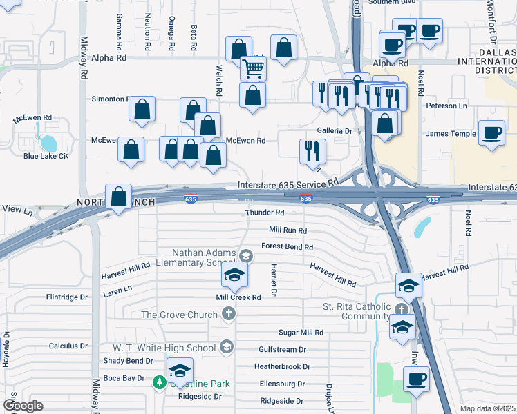 map of restaurants, bars, coffee shops, grocery stores, and more near 4718 Thunder Road in Dallas