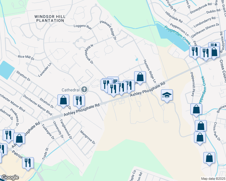 map of restaurants, bars, coffee shops, grocery stores, and more near 3740 Ashley Phosphate Road in North Charleston
