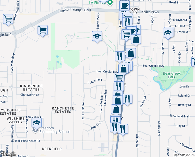 map of restaurants, bars, coffee shops, grocery stores, and more near 220 Dodge Trail in Keller