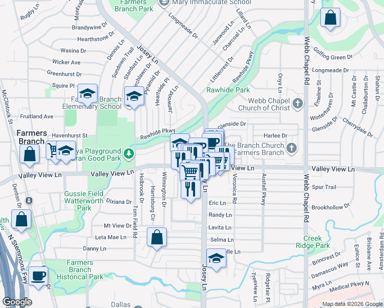 map of restaurants, bars, coffee shops, grocery stores, and more near 2899 Valley View Ln in Farmers Branch