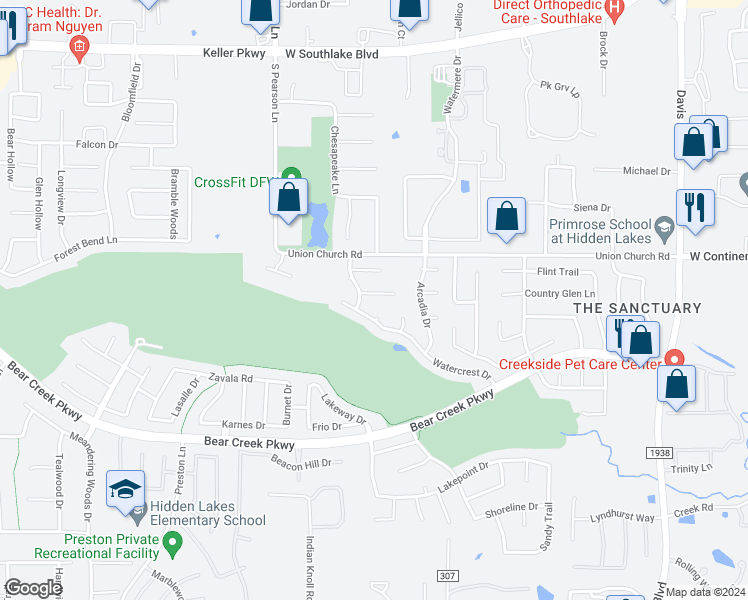 map of restaurants, bars, coffee shops, grocery stores, and more near 2202 Graystone Court in Keller