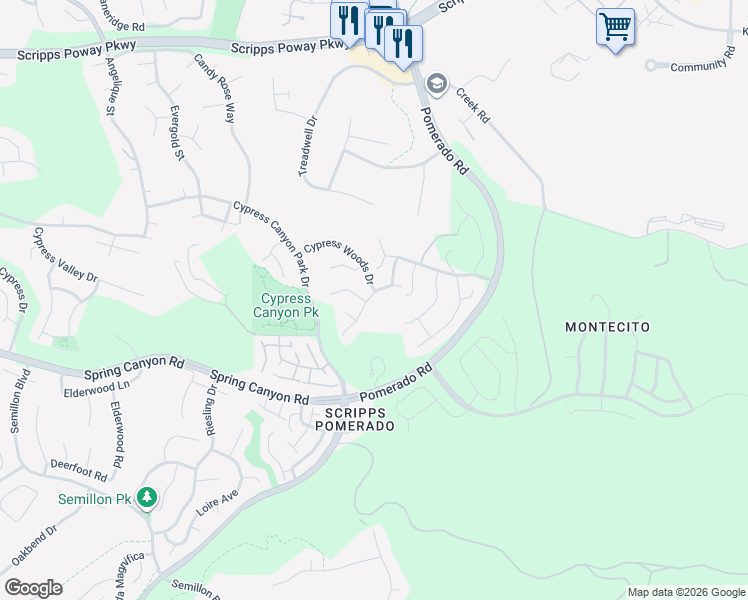 map of restaurants, bars, coffee shops, grocery stores, and more near 11361 Swan Canyon Road in San Diego
