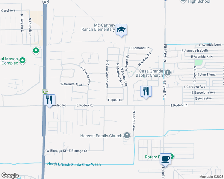 map of restaurants, bars, coffee shops, grocery stores, and more near 472 East White Wing Drive in Casa Grande