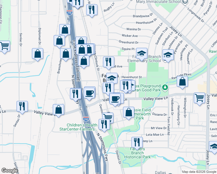 map of restaurants, bars, coffee shops, grocery stores, and more near 13211 Bee Street in Farmers Branch