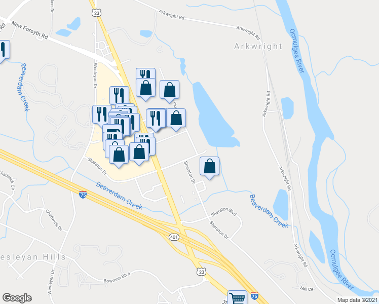 map of restaurants, bars, coffee shops, grocery stores, and more near 4971 Sheraton Dr in Macon