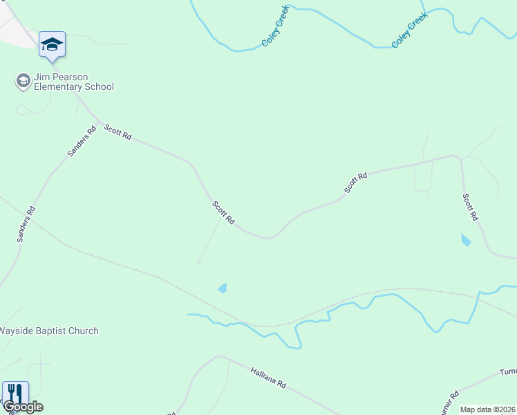 map of restaurants, bars, coffee shops, grocery stores, and more near 2177 Scott Road in Alexander City