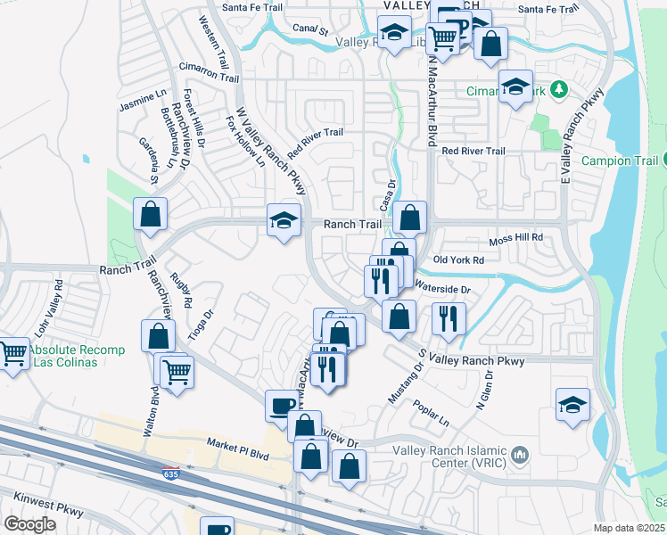 map of restaurants, bars, coffee shops, grocery stores, and more near 8618 Valley Ranch Parkway West in Irving