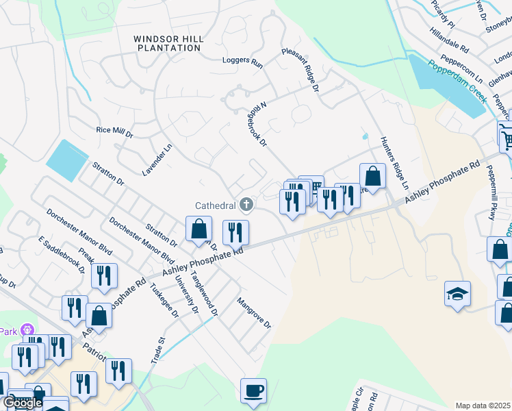 map of restaurants, bars, coffee shops, grocery stores, and more near 4042 Cedars Parkway in North Charleston