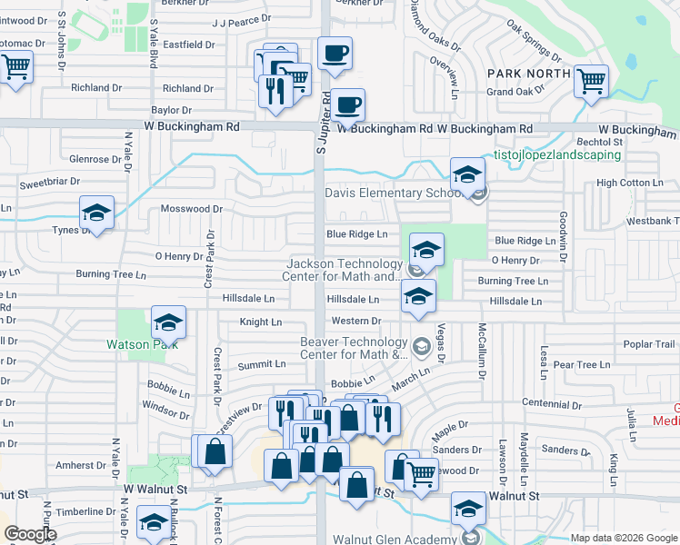 map of restaurants, bars, coffee shops, grocery stores, and more near 3426 Burning Tree Lane in Garland