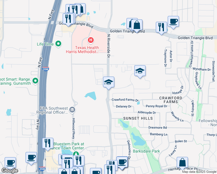 map of restaurants, bars, coffee shops, grocery stores, and more near 10225 Paintbrush Drive in Fort Worth