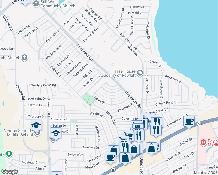 map of restaurants, bars, coffee shops, grocery stores, and more near 7606 Beverly Drive in Rowlett