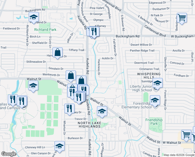 map of restaurants, bars, coffee shops, grocery stores, and more near 13001 Harkness Drive in Dallas