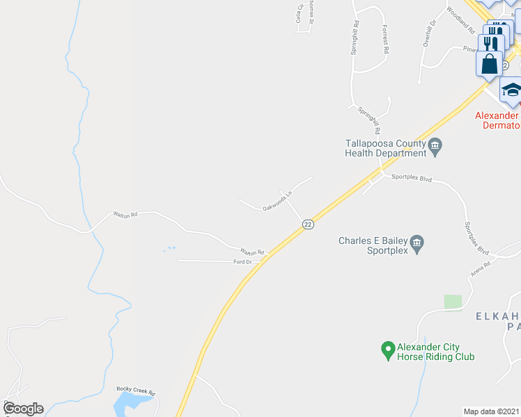map of restaurants, bars, coffee shops, grocery stores, and more near 2616 Oakwoods Lane in Alexander City