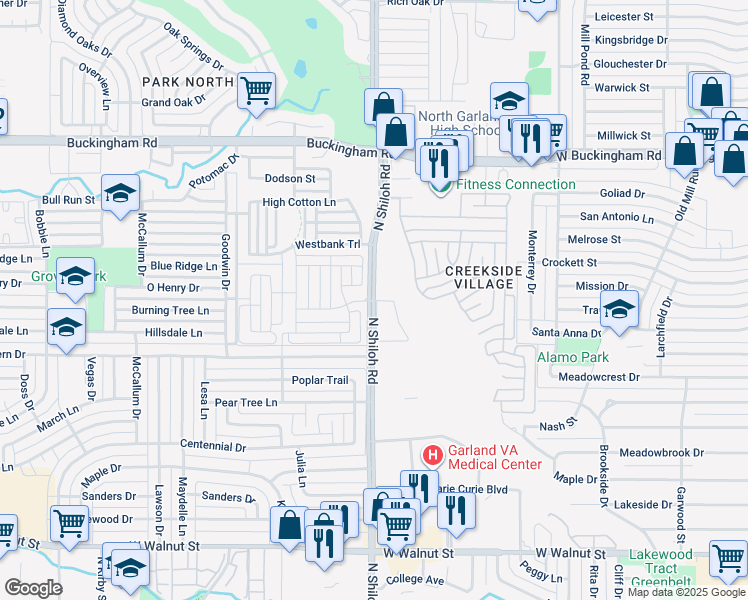 map of restaurants, bars, coffee shops, grocery stores, and more near 1406 North Shiloh Road in Garland