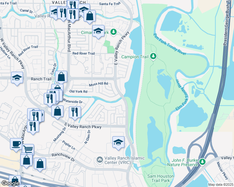 map of restaurants, bars, coffee shops, grocery stores, and more near 8700 Valley Ranch Parkway East in Irving