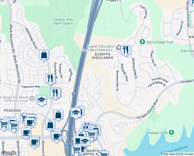 map of restaurants, bars, coffee shops, grocery stores, and more near 11385 Affinity Court in San Diego