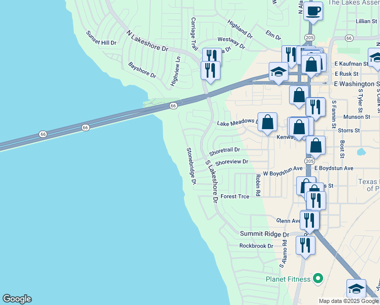 map of restaurants, bars, coffee shops, grocery stores, and more near 313 Stonebridge Drive in Rockwall