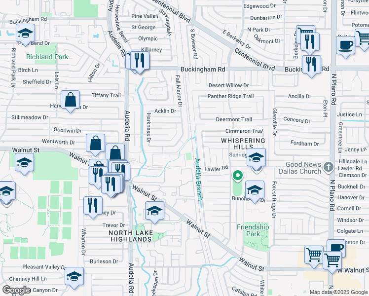map of restaurants, bars, coffee shops, grocery stores, and more near 13000 Fall Manor Drive in Dallas