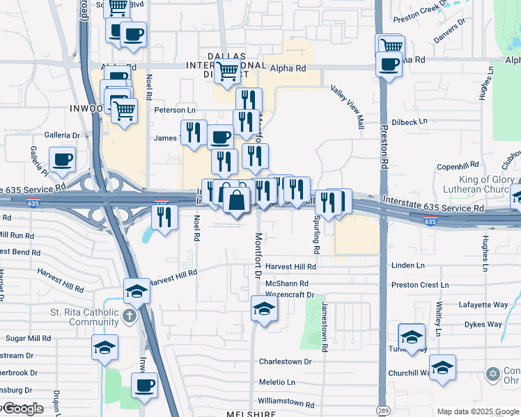 map of restaurants, bars, coffee shops, grocery stores, and more near 5420 Lyndon B Johnson Freeway in Dallas