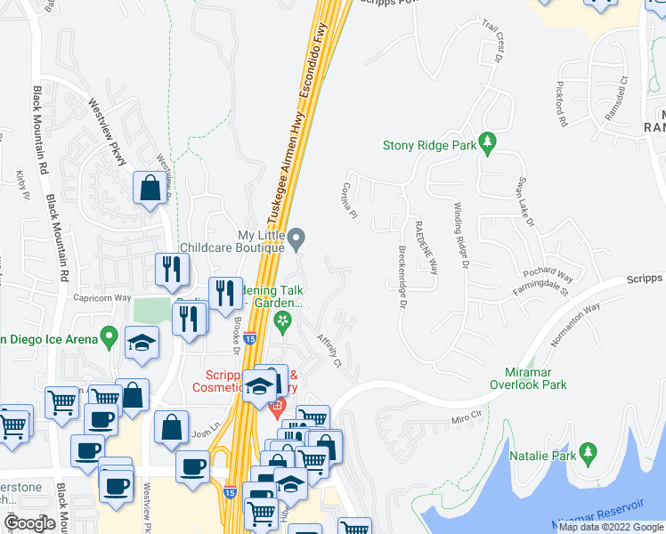 map of restaurants, bars, coffee shops, grocery stores, and more near 11366 Affinity Court in San Diego
