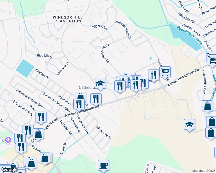 map of restaurants, bars, coffee shops, grocery stores, and more near 4042 Cedars Parkway in North Charleston